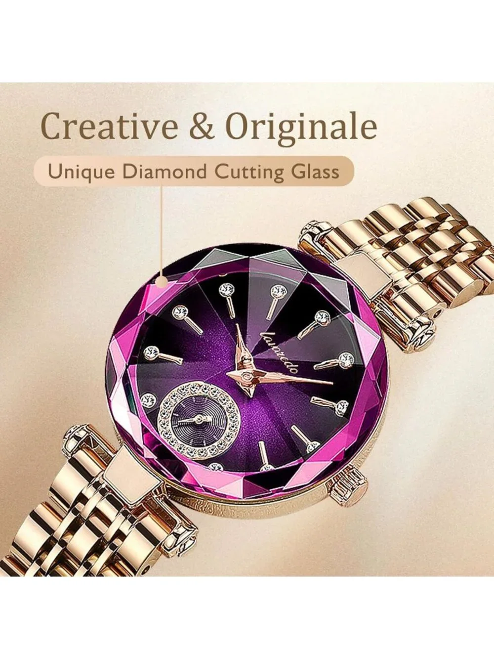 Women Gold Purple Elegant Stainless Steel Analog Creative Diamond Dial Watch